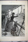 Original Old Antique Print 1888 Christmas Sea Telescope Ship Child Doll 19th
