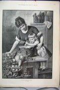 Old Antique Print 1889 Mother Little Girl Stirring Christmas Pudding Art 19th
