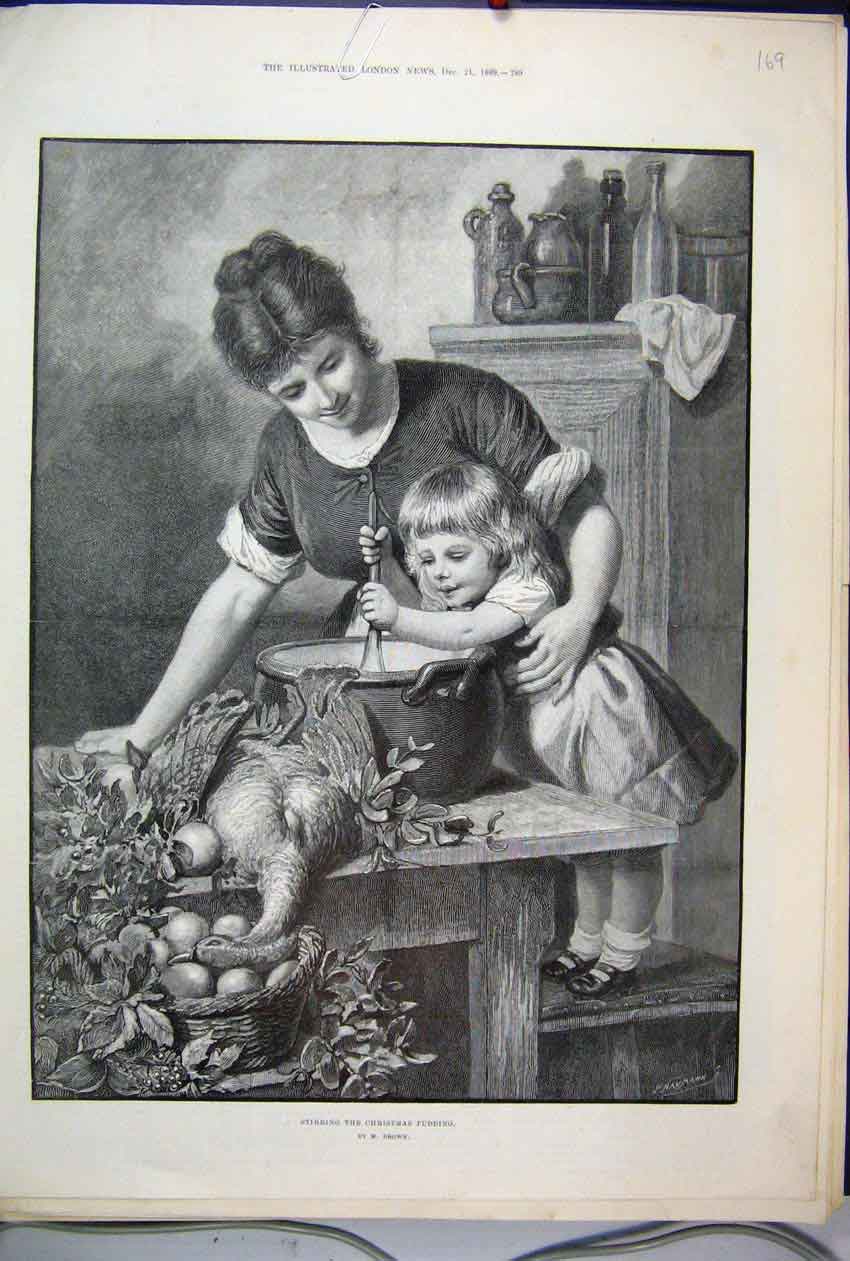 Old Antique Print 1889 Mother Little Girl Stirring Christmas Pudding Art 19th