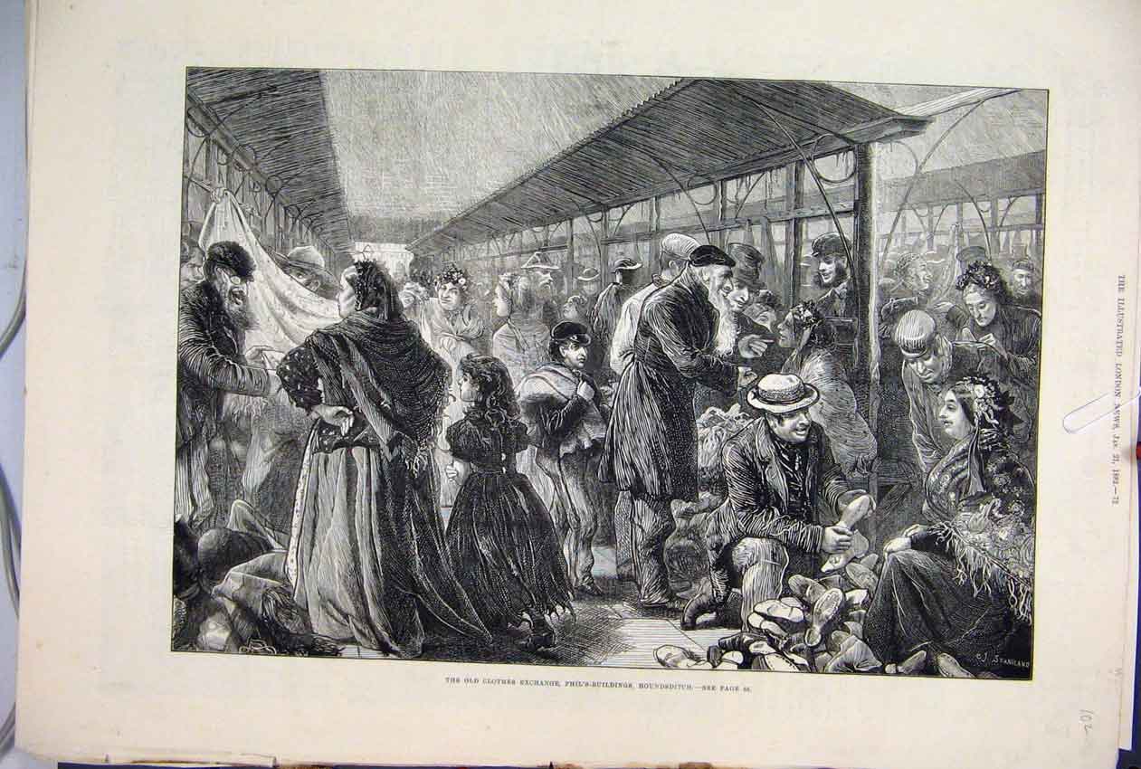 Original Old Antique Print 1882 Clothes Exchange Phil Building Houndsditch 19th
