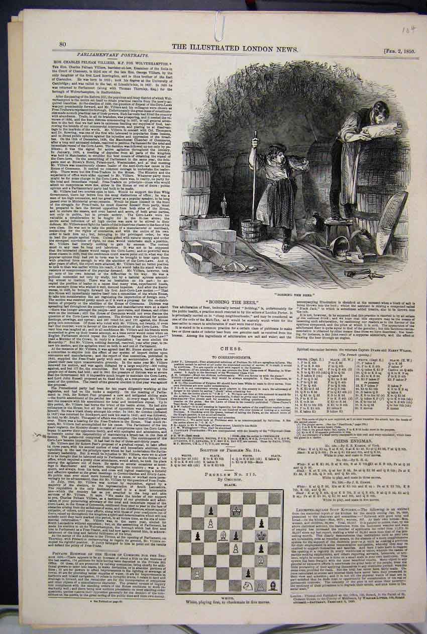 Original Old Antique Print 1850 Bobbing Beer London Porter Men Working Victorian