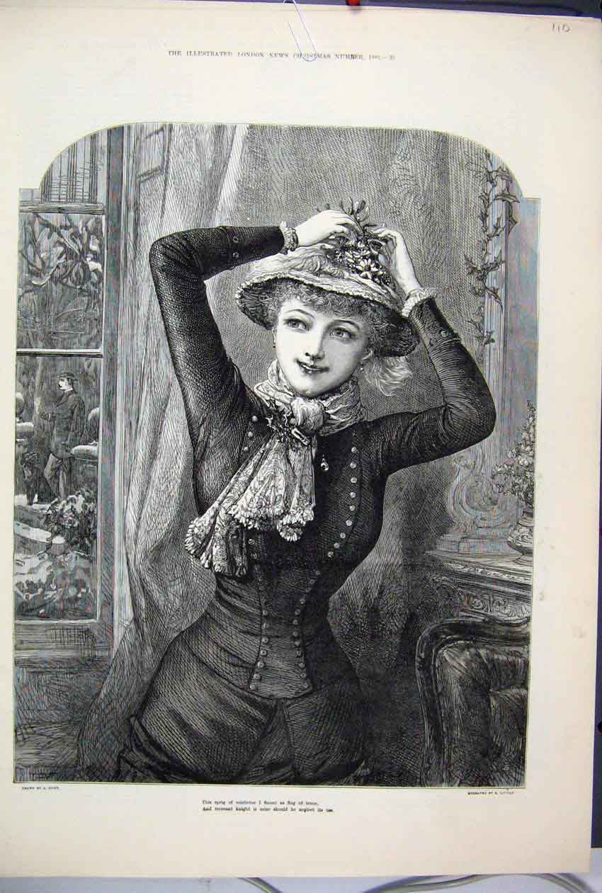 Original Old Antique Print 1882 Woman Flower Hat Beautiful Fine Art Victorian
