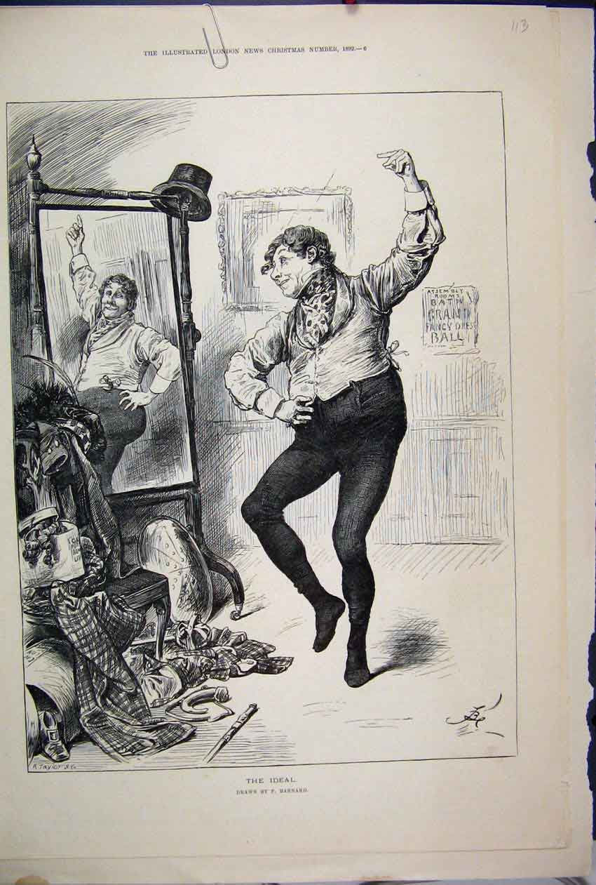 Original Old Antique Print 1892 Man Dancing Mirror Fancy Dress Ball Victorian