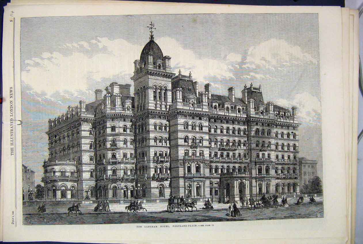 Original Old Antique Print 1865 Langham Hotel Portland Place Building Victorian