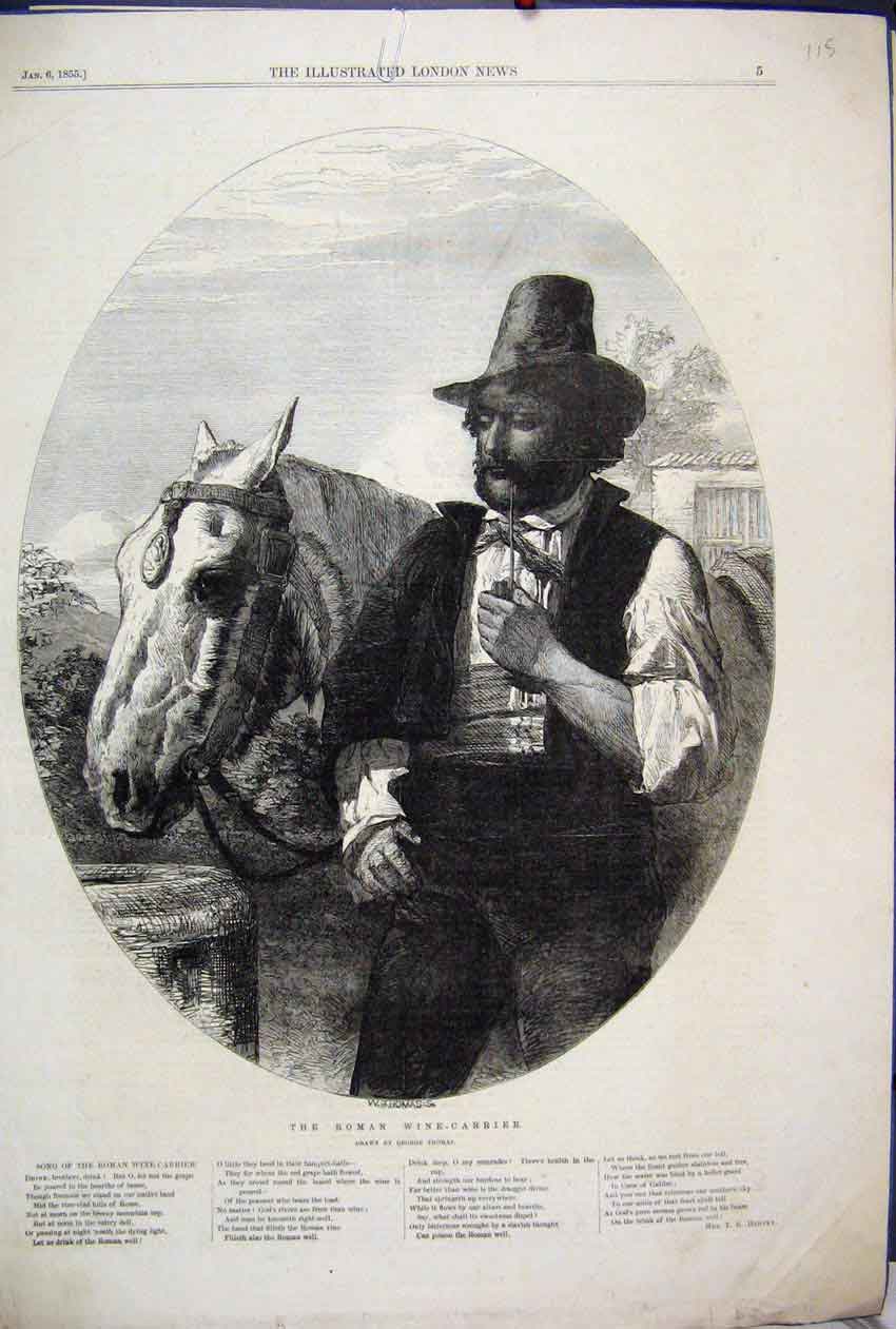 Original Old Antique Print 1855 Roman Wine Carrier Pipe Horse 19th