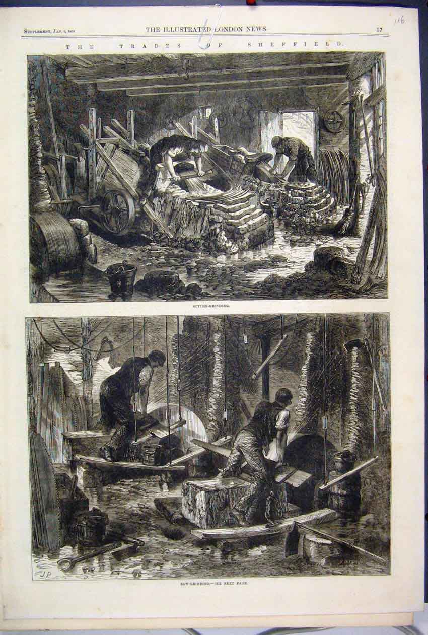 Original Old Antique Print 1866 Trades Sheffield Scythe Grinding Saw Work 19th