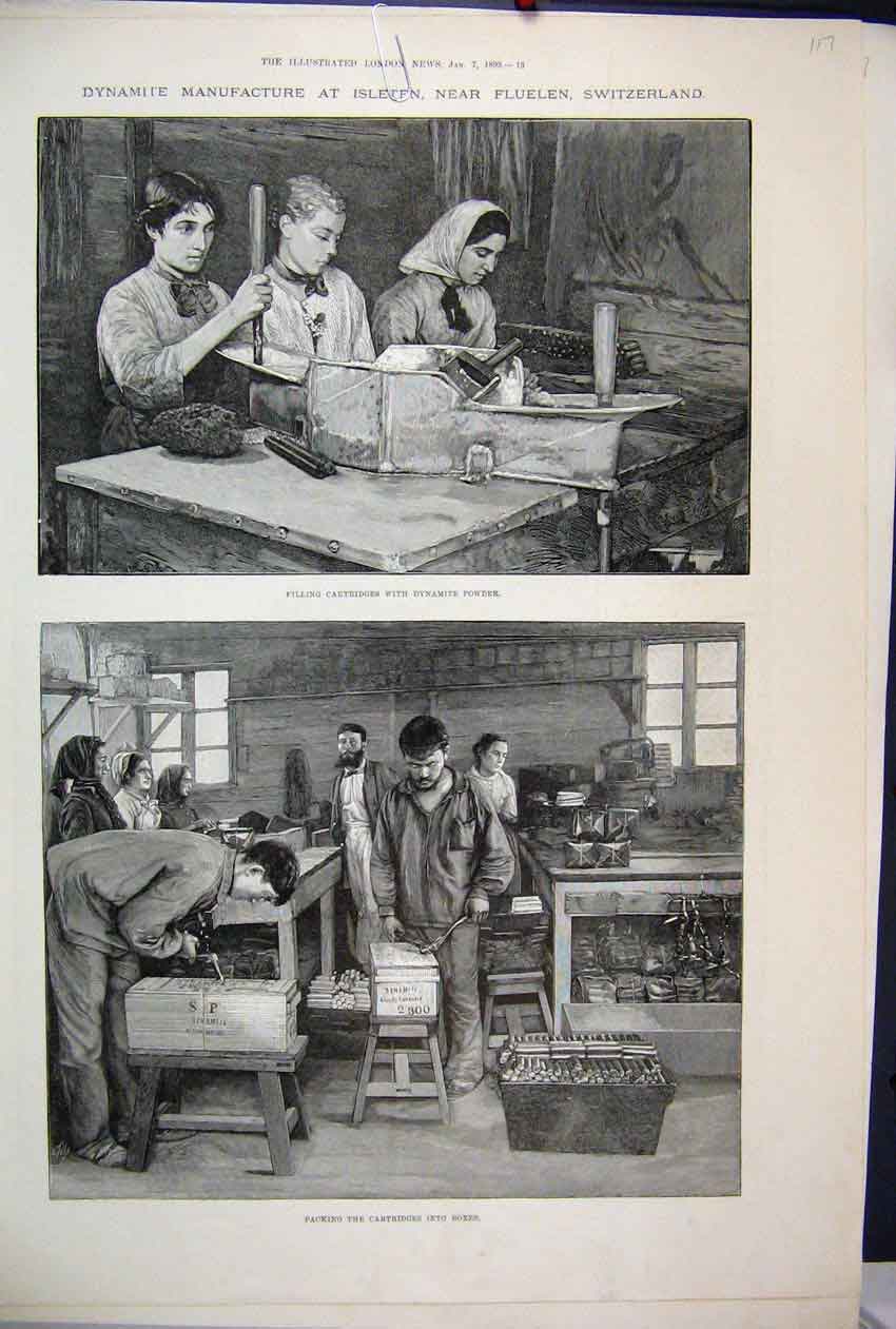 Original Old Antique Print 1893 Dynamite Isleten Switzerland Cartridges Boxes