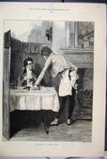 Original Old Antique Print 1881 Man Restaurant Table Waiter Fine Art Victorian