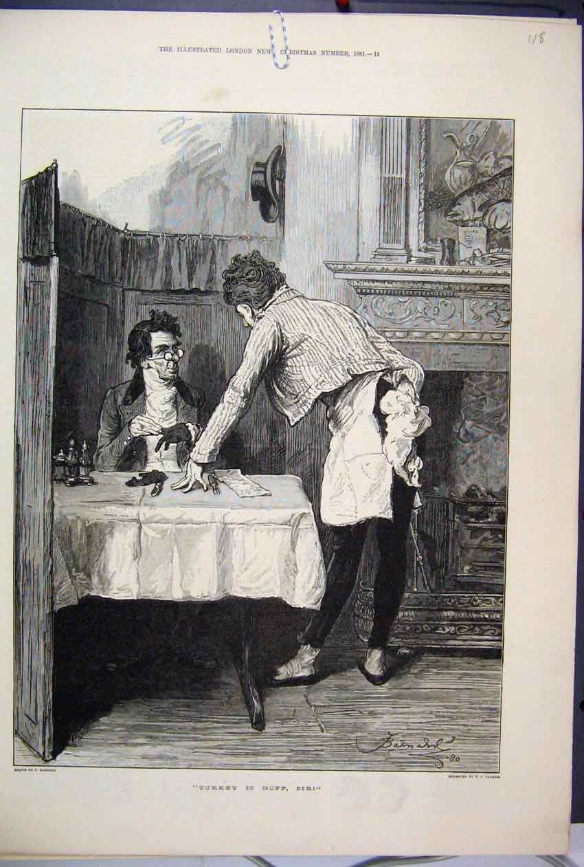 Original Old Antique Print 1881 Man Restaurant Table Waiter Fine Art Victorian