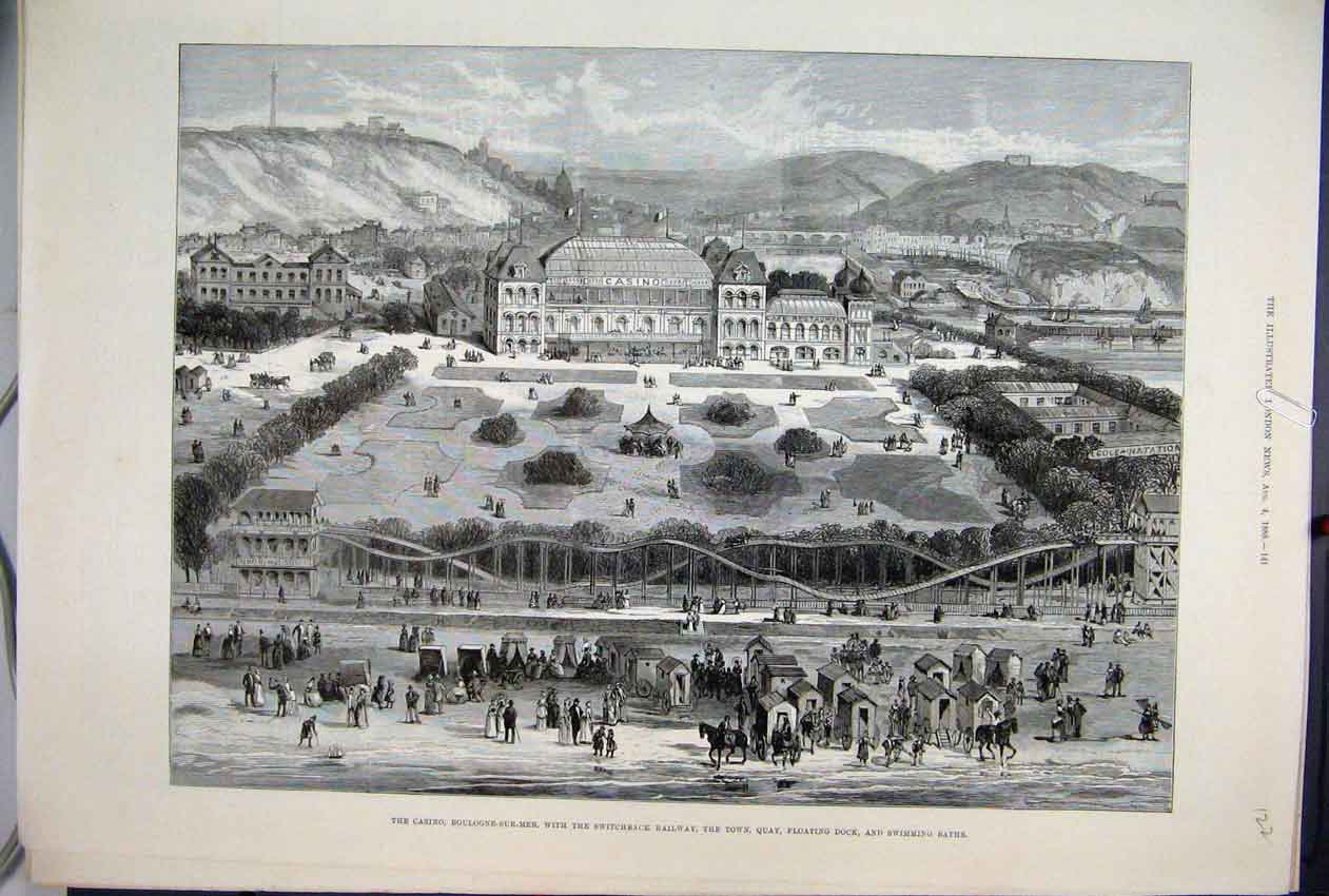 Original Old Antique Print 1888 Casino Boulogne-Sur-Mer Switchback Railway Quay