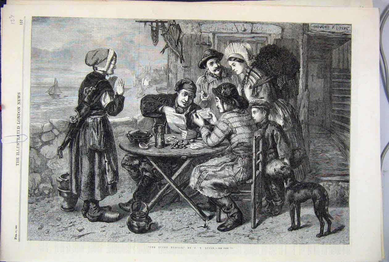 Original Old Antique Print 1866 Lucky Number Men Woman Dog Child Table Sea View