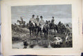 Original Old Antique Print 1881 Staghounds Capture Deer Horses Lake Country 19th
