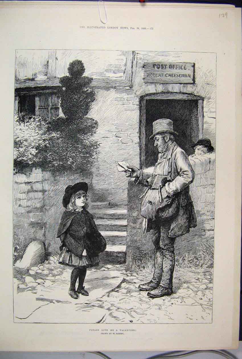 Original Old Antique Print 1888 Postman Valentine Little Girl 19th