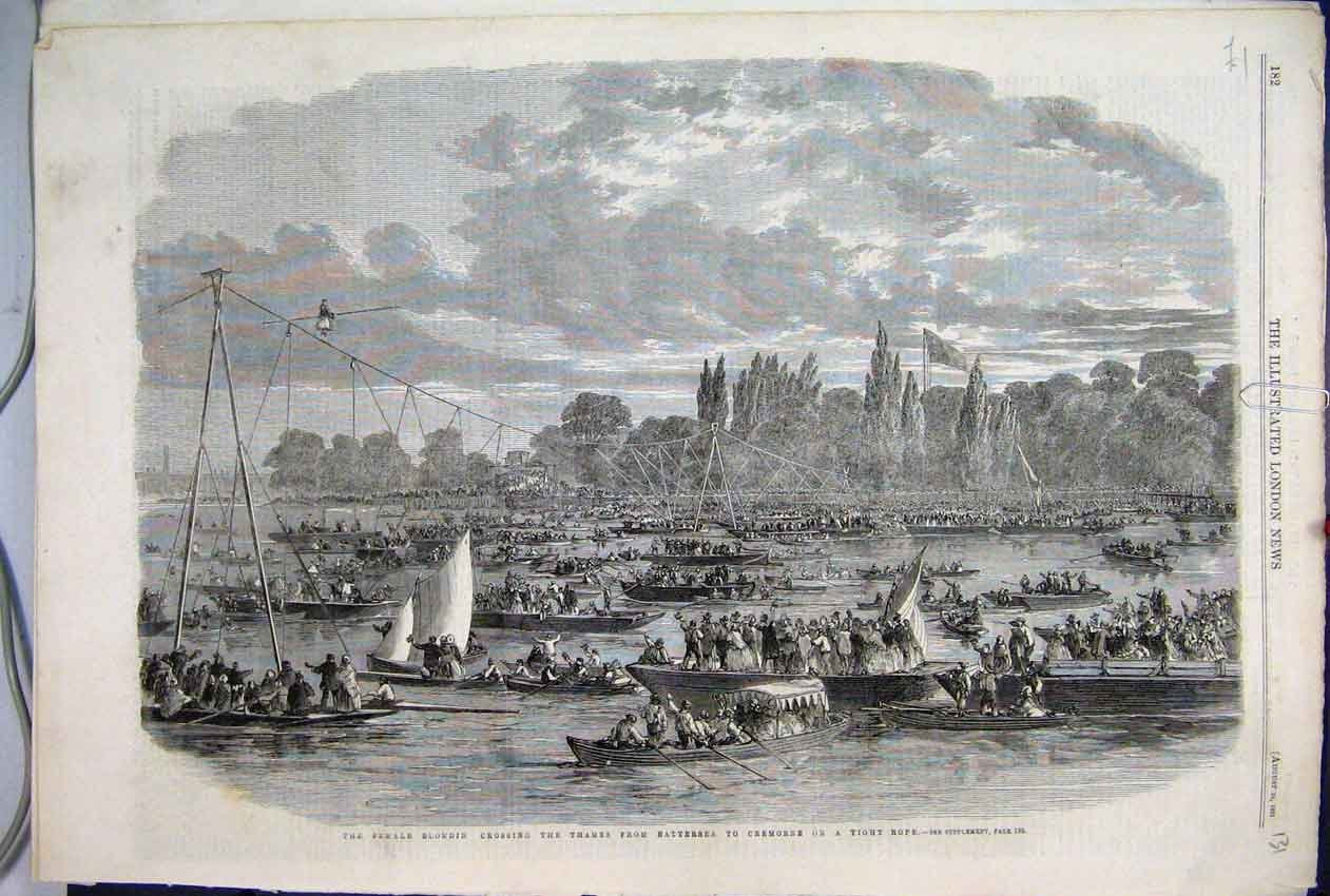 Original Old Antique Print 1861 Female Blondin Thames Battersea Cremorne Rope