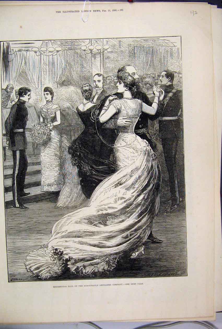 Old Antique Print 1882 Regimental Ball Honourable Artillery Company Dance 19th