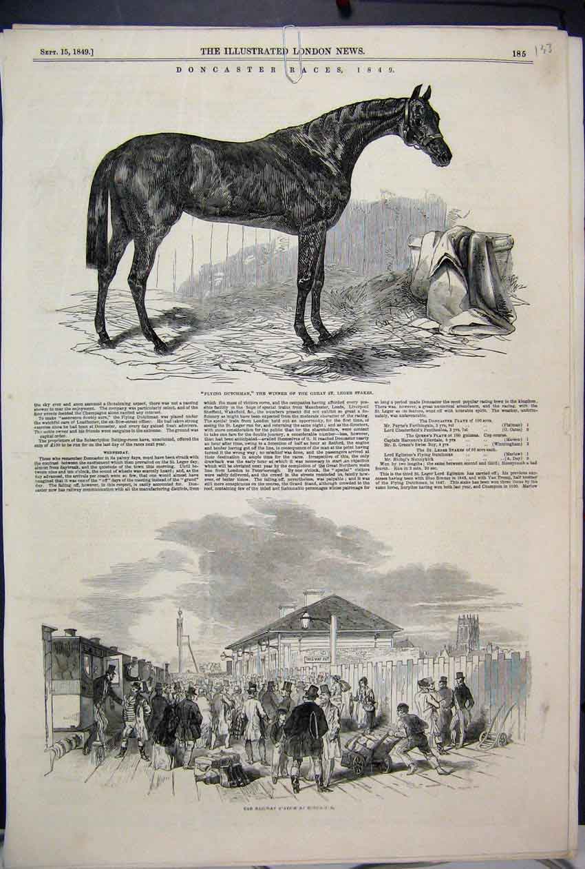 Original Old Antique Print 1849 Doncaster Races Flying Dutchman Railway Station