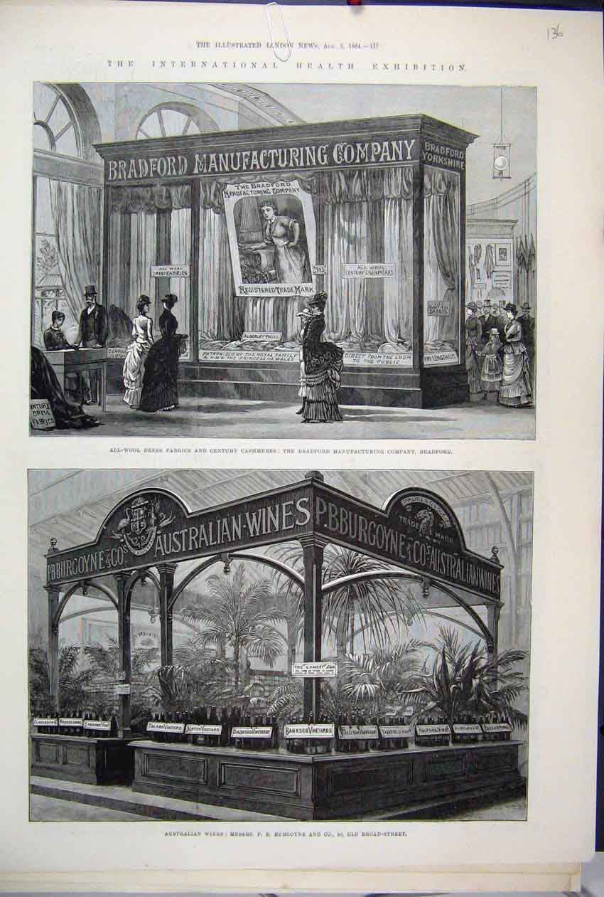 Original Old Antique Print 1884 Health Exhibition Dress Fabrics Australian Wines