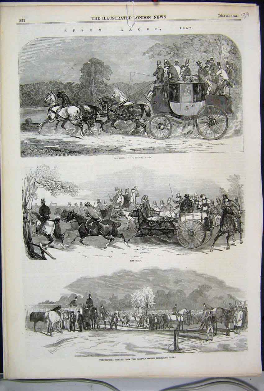 Original Old Antique Print 1857 Epsom Races Course Paddock Horses Carriage 19th