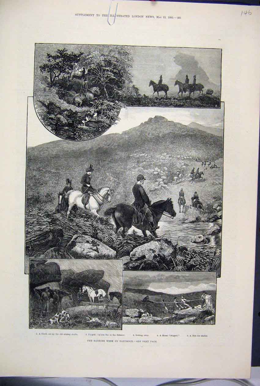 Original Old Antique Print 1882 Harrier Week Dartmoor Horse Mining Shaft 19th