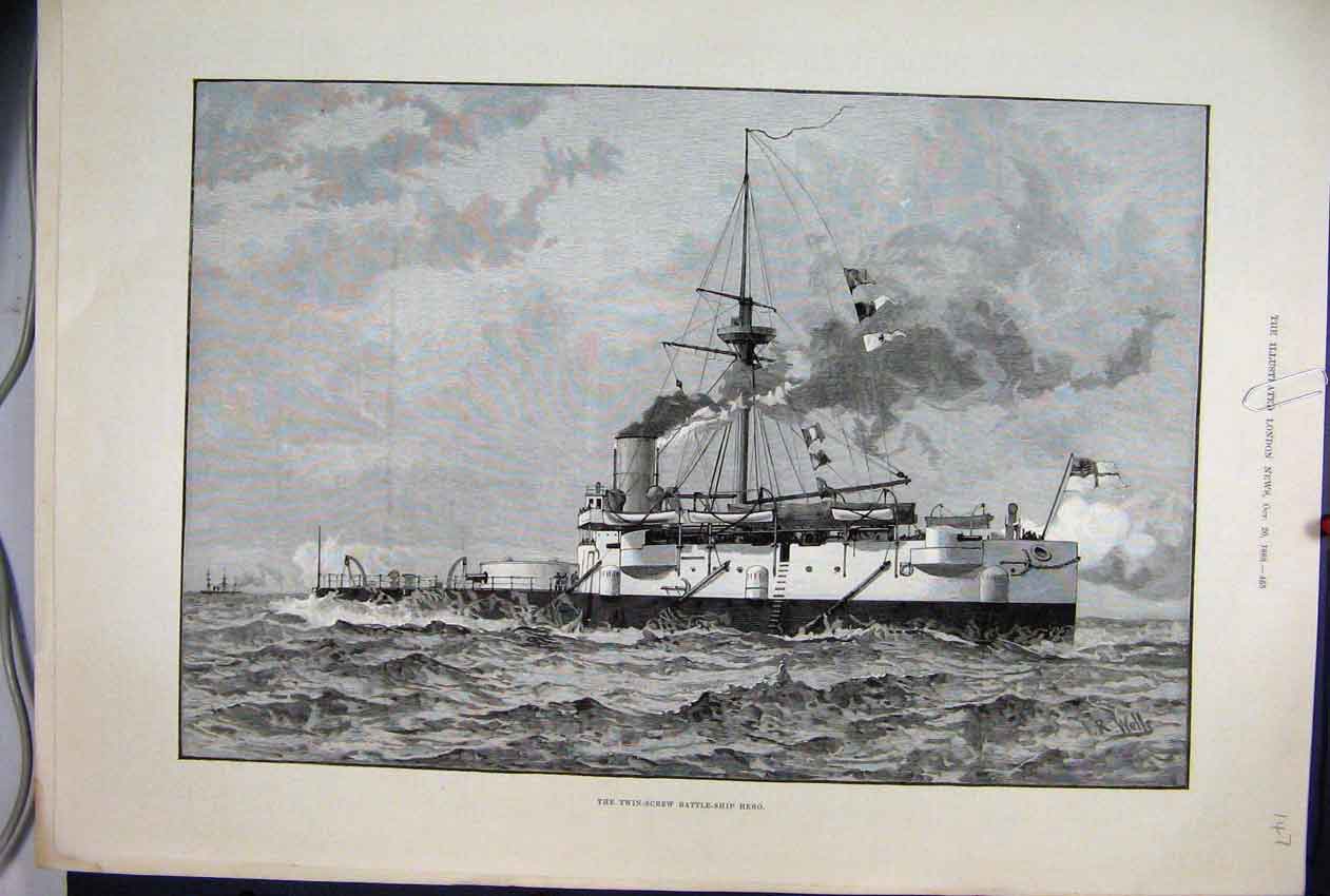 Original Old Antique Print 1888 Twin Screw Battle Ship Hero Sea Fine Art 19th