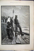 Original Old Antique Print 1884 Fisherman Rescue Children Stormy Sea Art 19th