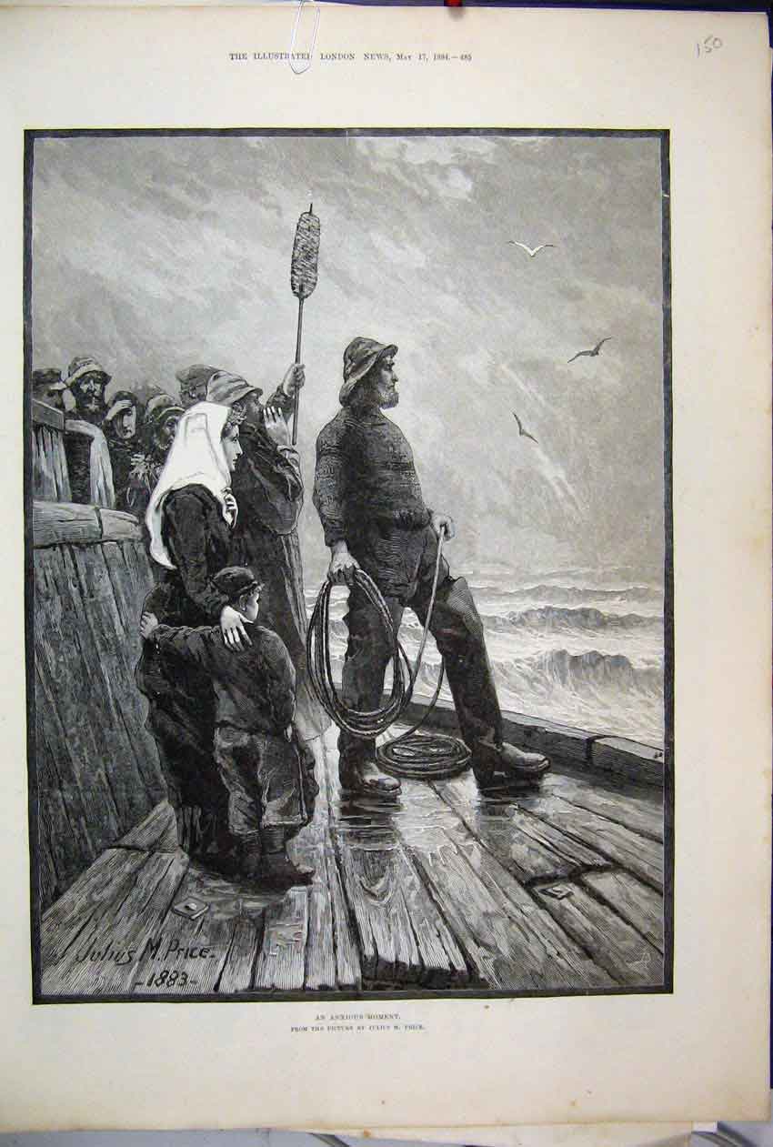 Original Old Antique Print 1884 Fisherman Rescue Children Stormy Sea Art 19th