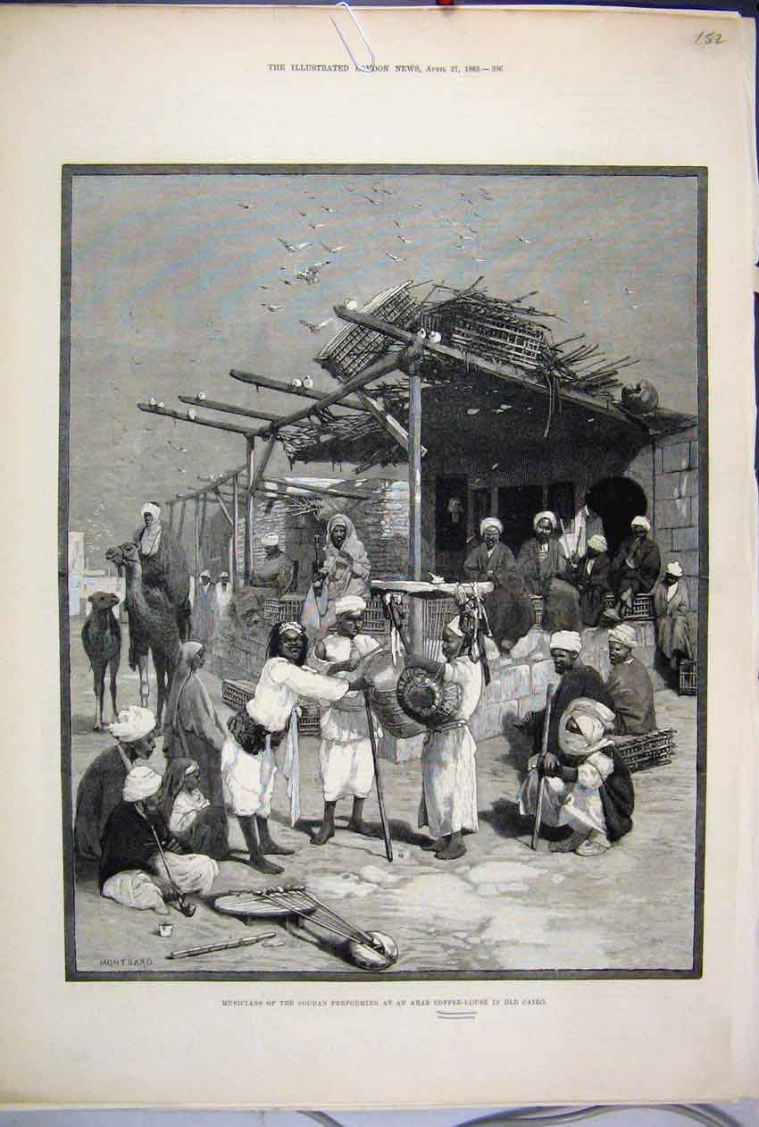 Original Old Antique Print 1883 Musicians Soudan Arab Coffee House Cairo Egypt