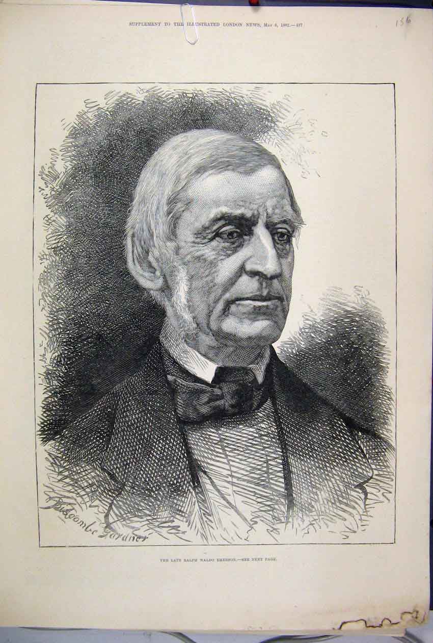 Original Old Antique Print 1882 Ralph Walod Emerson Portrait 19th