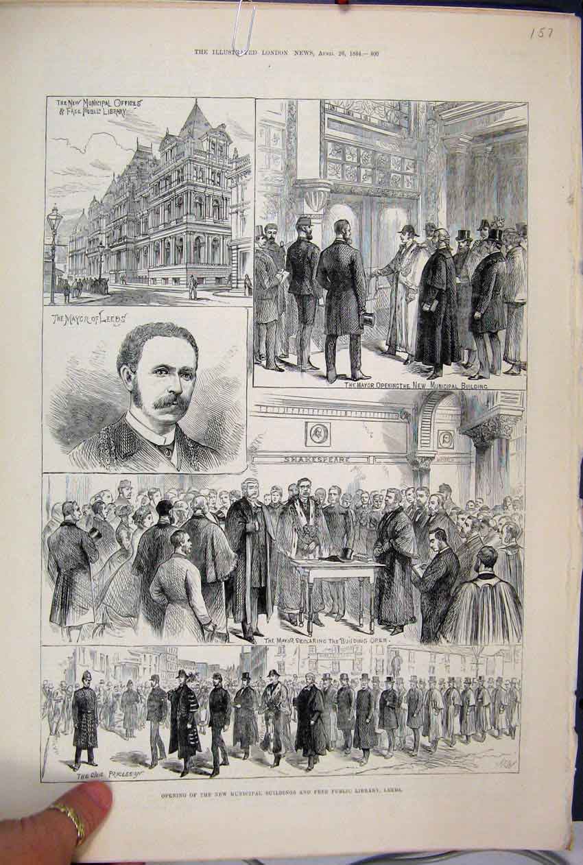 Original Old Antique Print 1884 Municipal Building Public Library Leeds Mayor