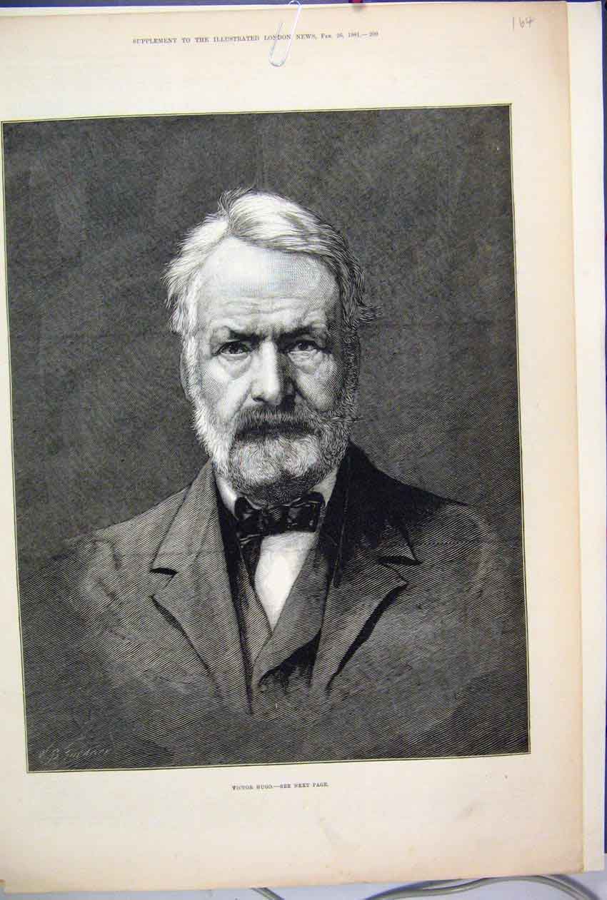 Original Old Antique Print 1881 Portrait Victor Hugo French Lyric 19th