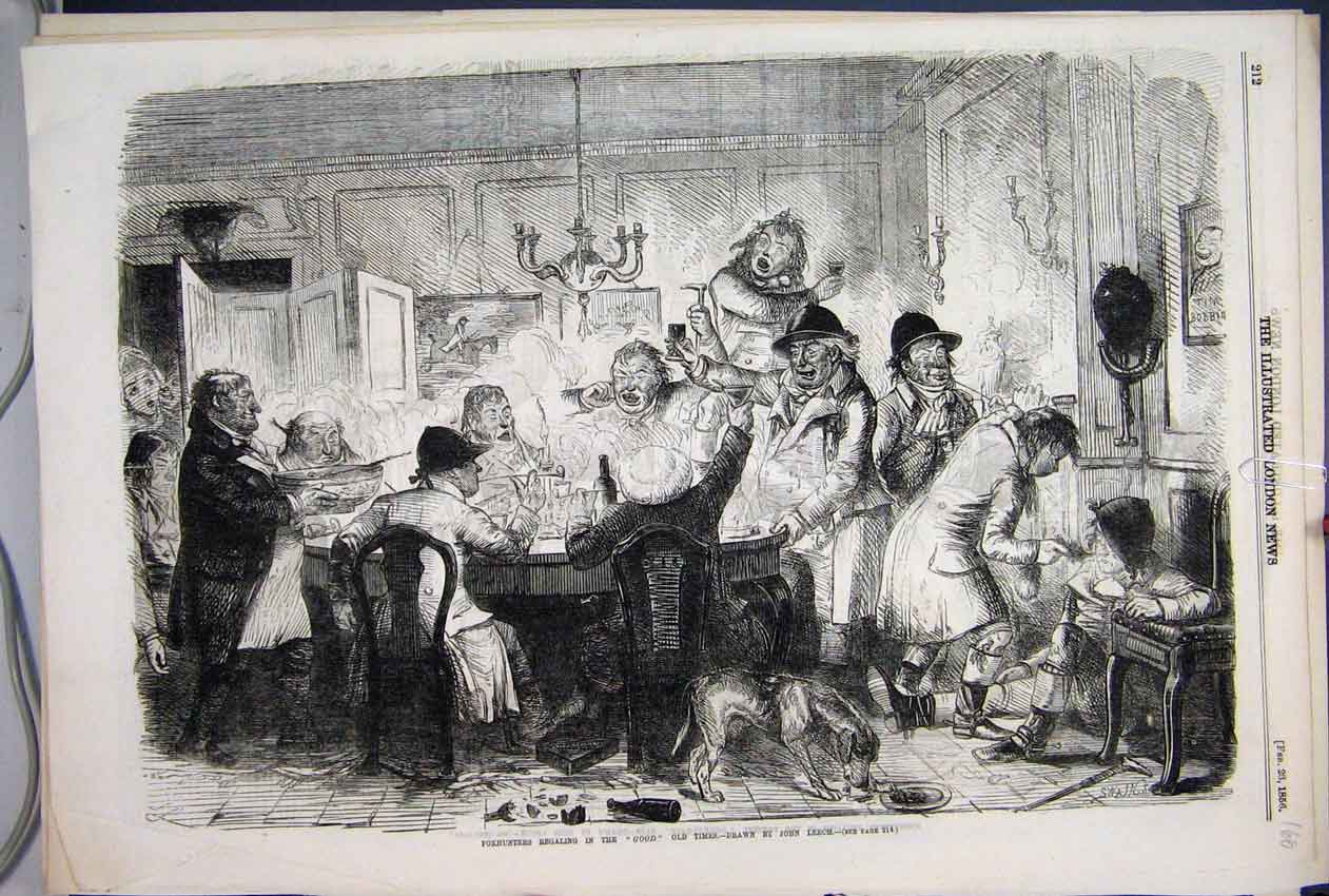 Original Old Antique Print 1856 Fox Hunters Regaling Good Times Party Dog 19th