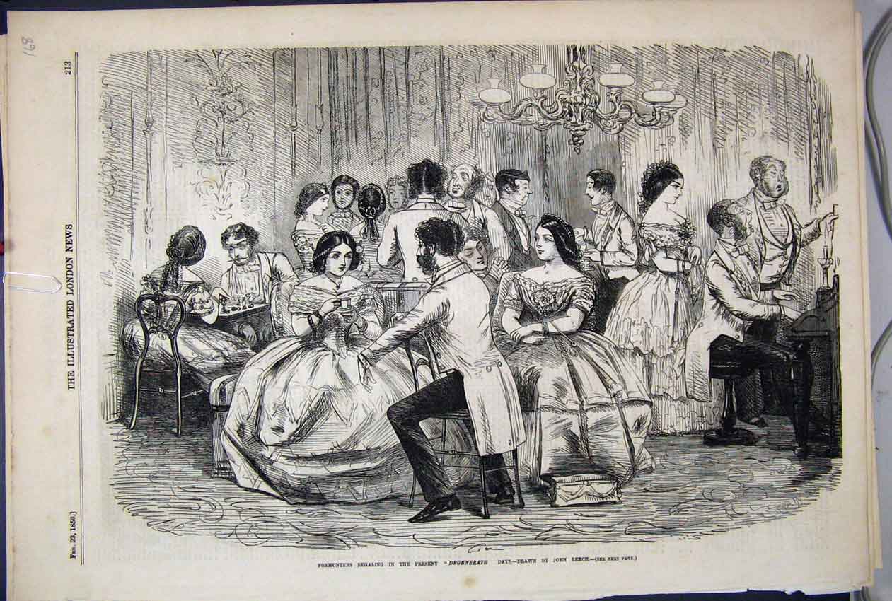 Original Old Antique Print 1856 Foxhunters Regaling Degenerate 19th