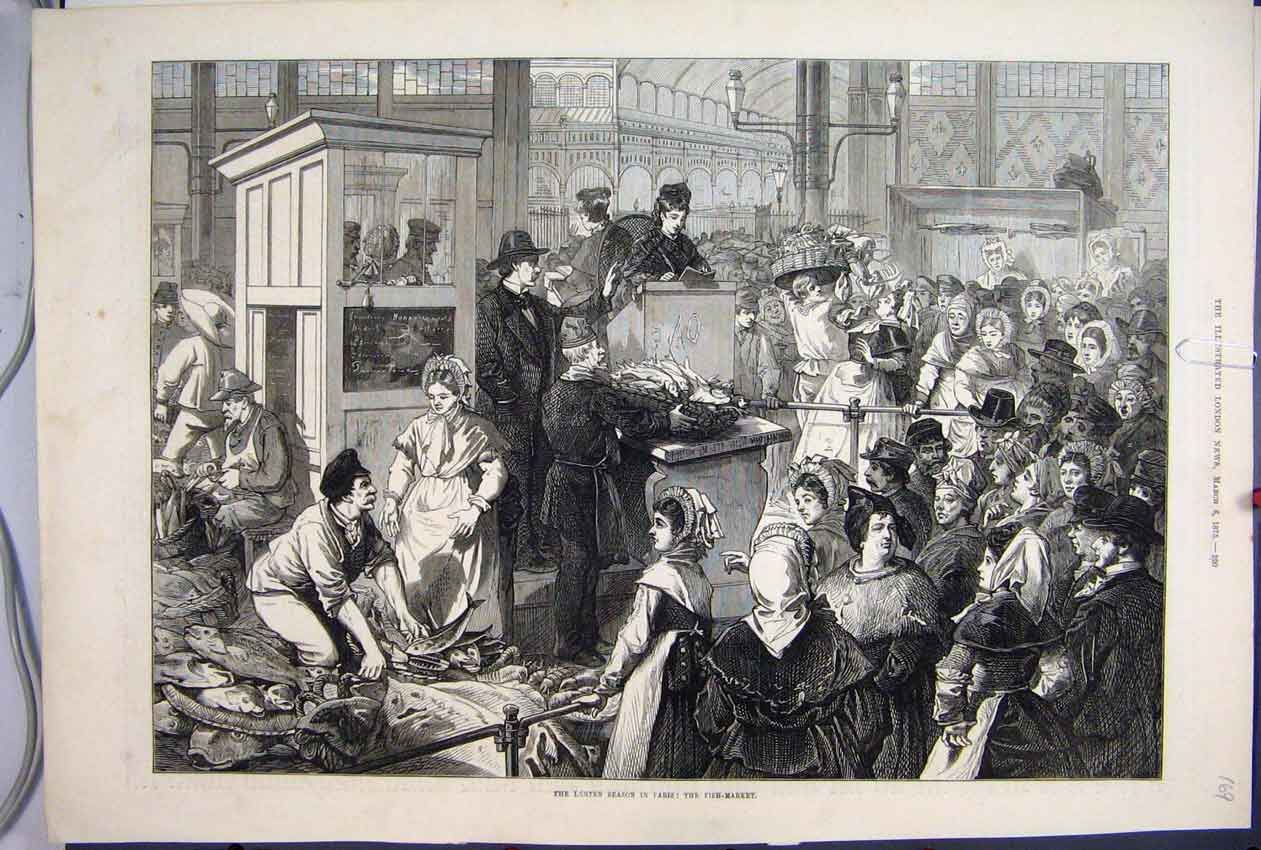 Original Old Antique Print 1875 Lenten Season Paris Fish Market 19th