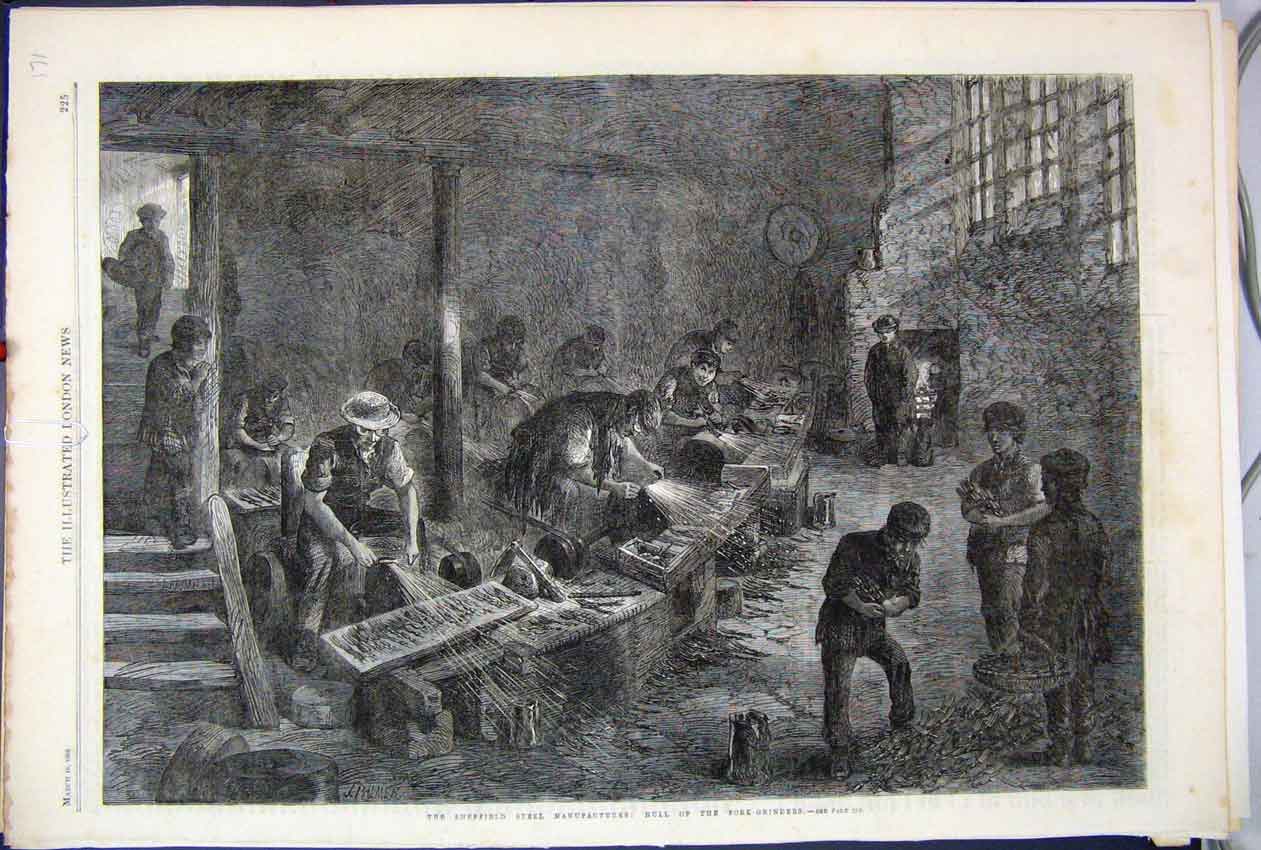 Original Old Antique Print 1866 Sheffield Steel Manufactures Hull Fork Grinders