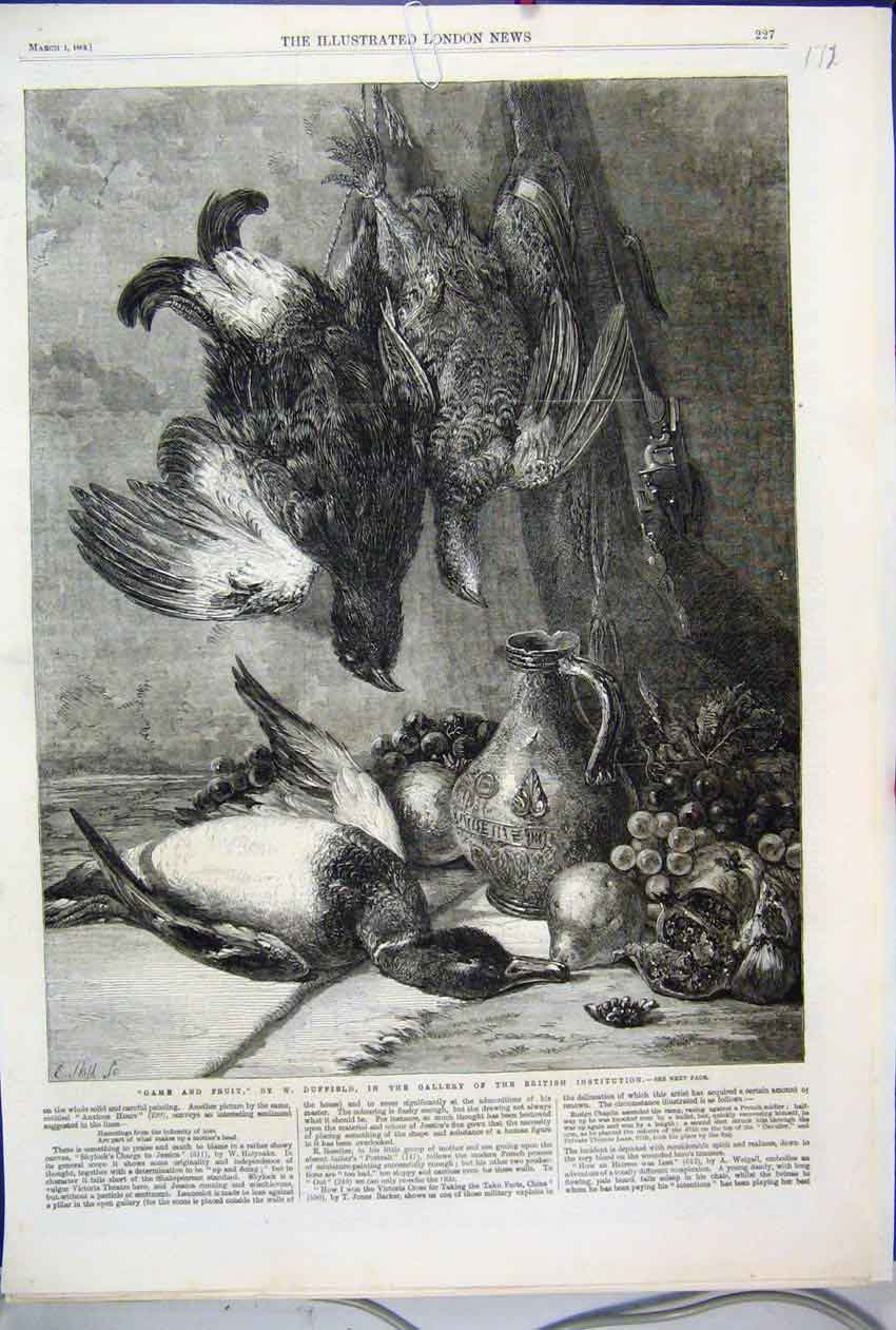 Original Old Antique Print 1862 Game Birds Fruit Gallery British Institutuion