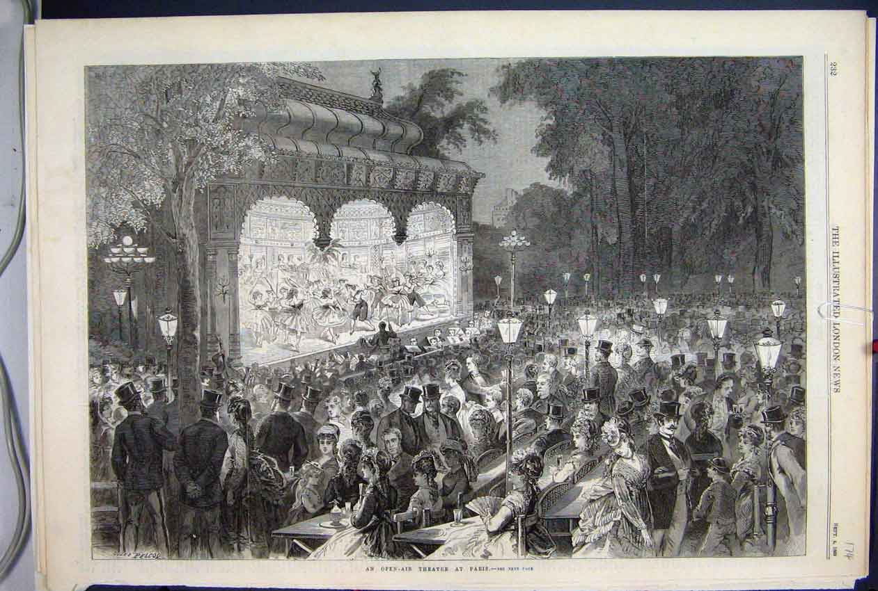 Original Old Antique Print 1869 Open Air Theatre Paris Play Country France 19th