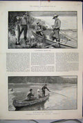 Old Antique Print 1890 Salmon Fishing America Miramichi Restigouche Boat 19th