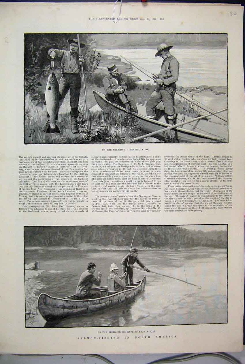 Old Antique Print 1890 Salmon Fishing America Miramichi Restigouche Boat 19th