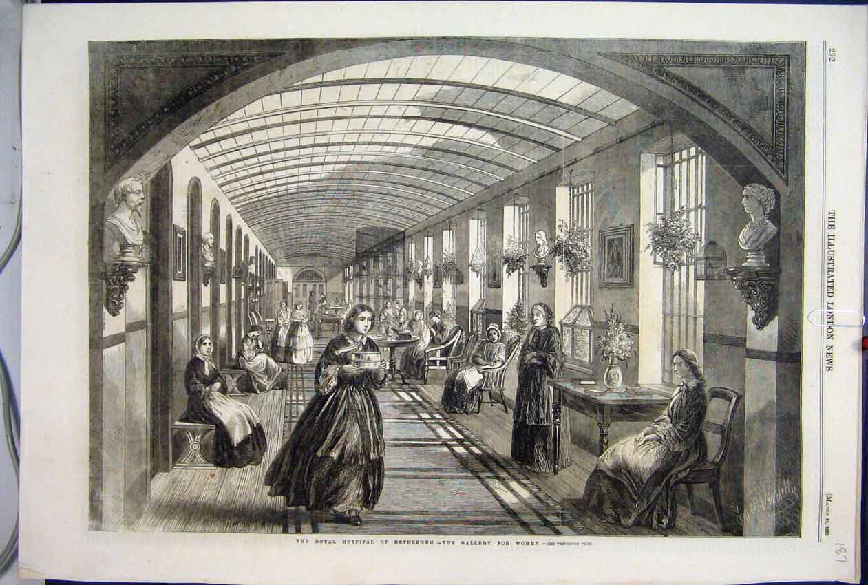Original Old Antique Print 1866 Royal Hospital Bethlehem Gallery Women Victorian