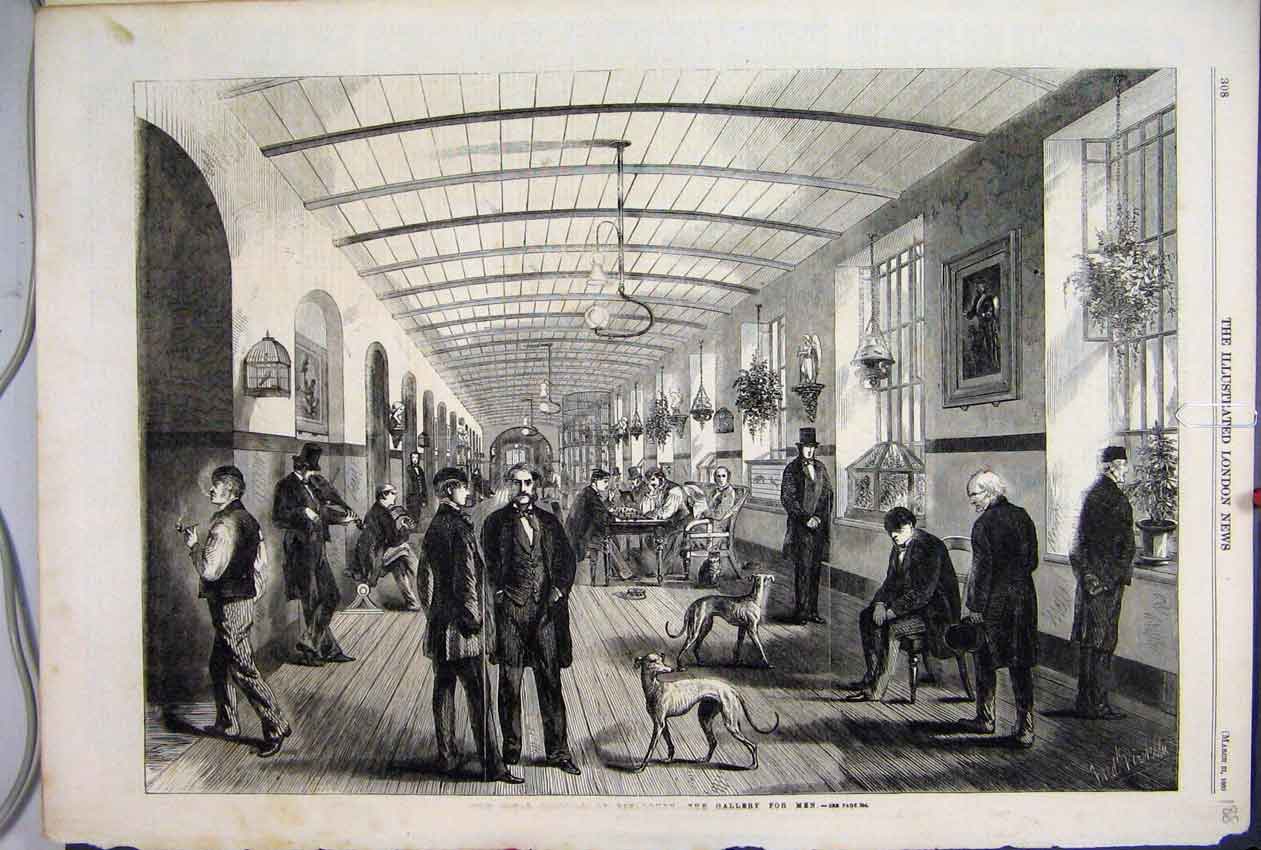 Original Old Antique Print 1860 Royal Hospital Bethlehem Gallery Men Dog Prin
