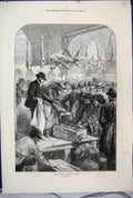 Original Old Antique Print 1871 Fish Auction Columbia Market Men Working 19th