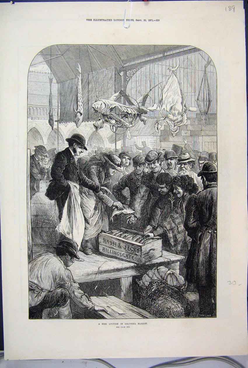 Original Old Antique Print 1871 Fish Auction Columbia Market Men Working 19th