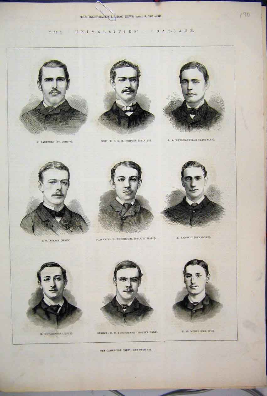 Original Old Antique Print 1881 Universities Boat Race Cambridge Crew Portrait