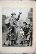 Original Old Antique Print 1881 Heralds Spring Man Flowers Children Play 19th