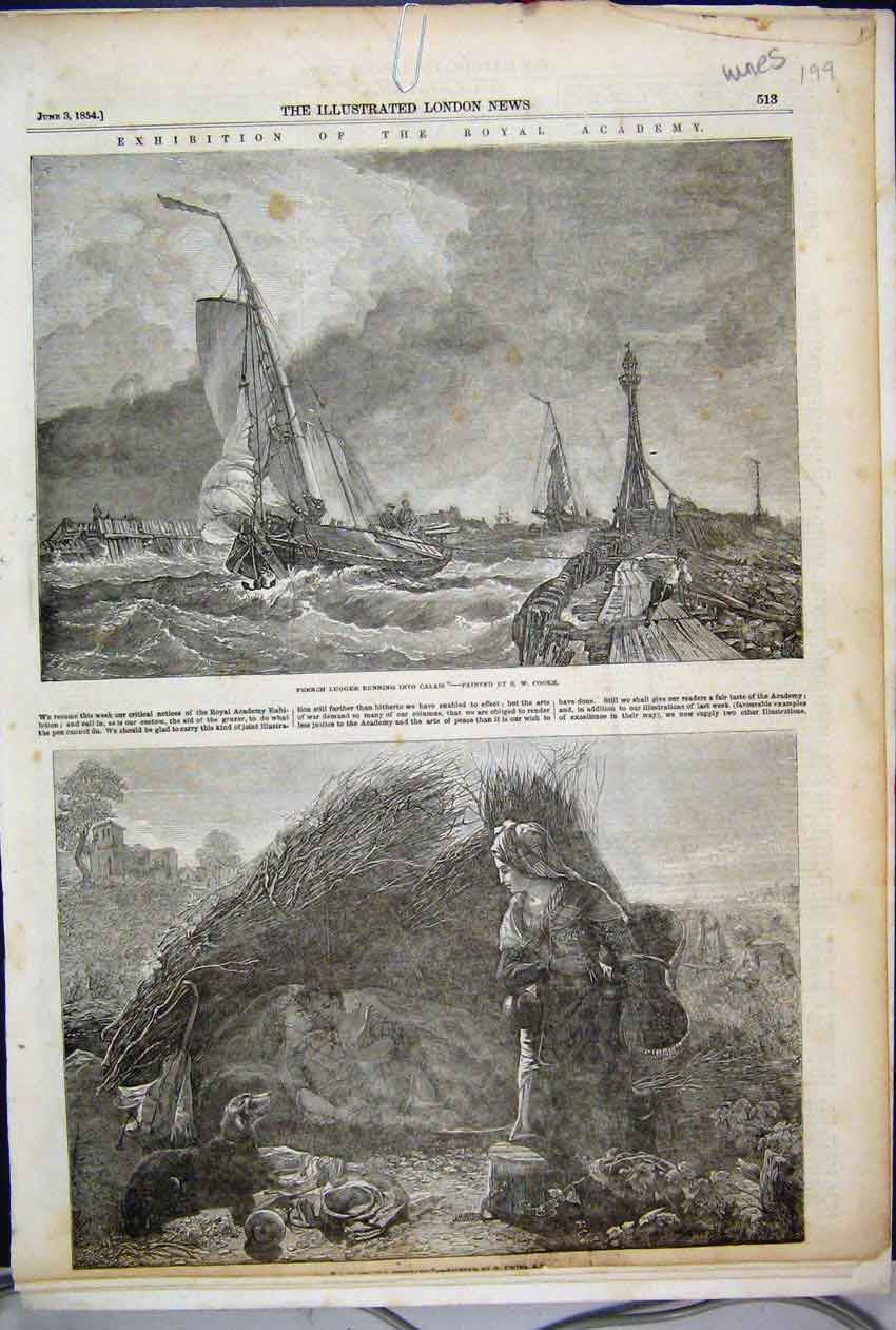 Old Antique Print 1854 French Lugger Calais Wine Vineyard Children Cabin 19th