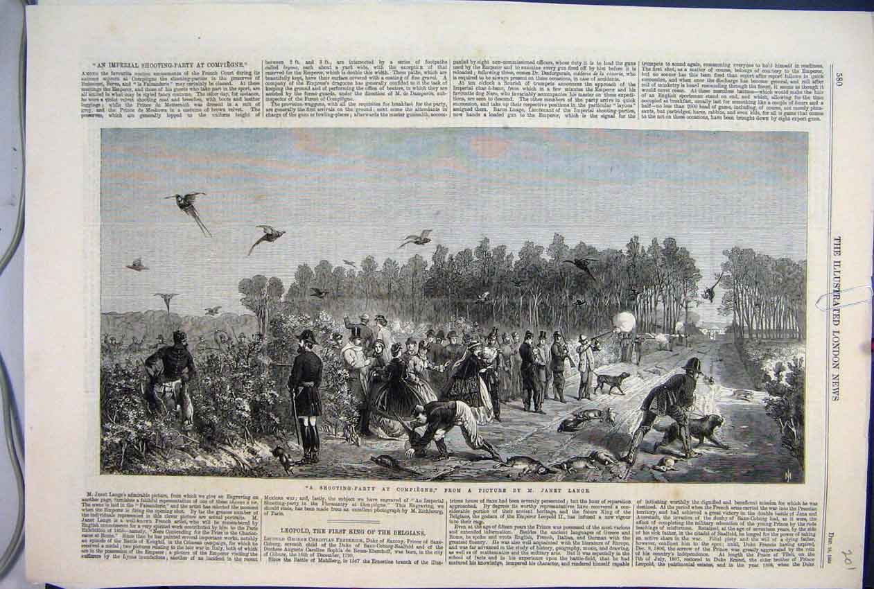 Old Antique Print 1865 Shooting Party Compiegne France Rabbits Birds Dog 19th
