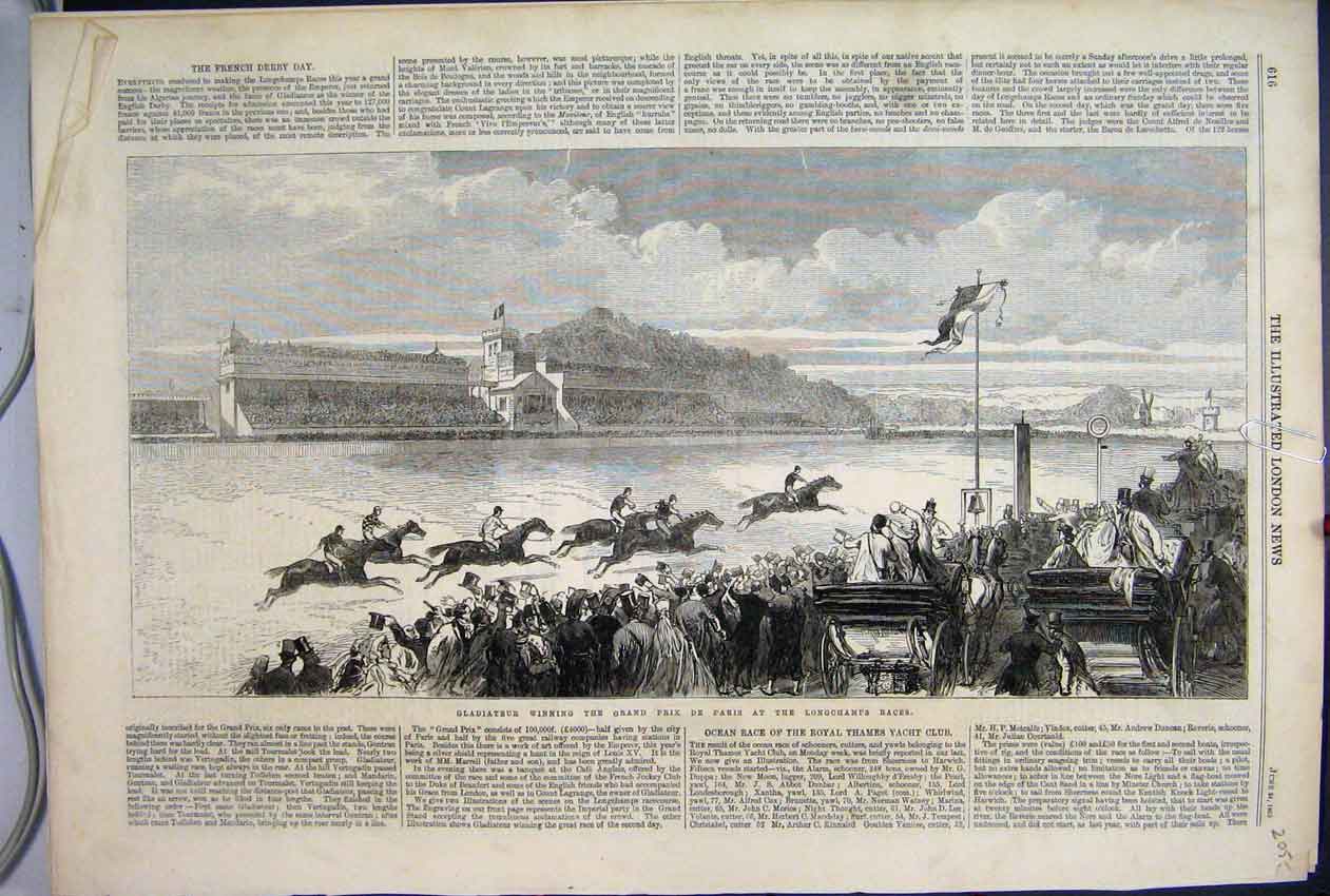 Old Antique Print 1865 Gladiateur Grand Prix Paris Longchamps Races Horse 19th
