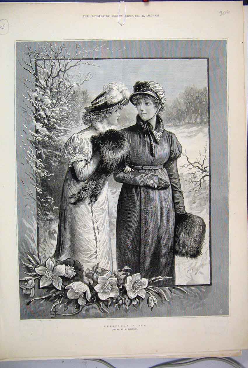 Original Old Antique Print 1883 Christmas Women Snow Scene Flowers Victorian