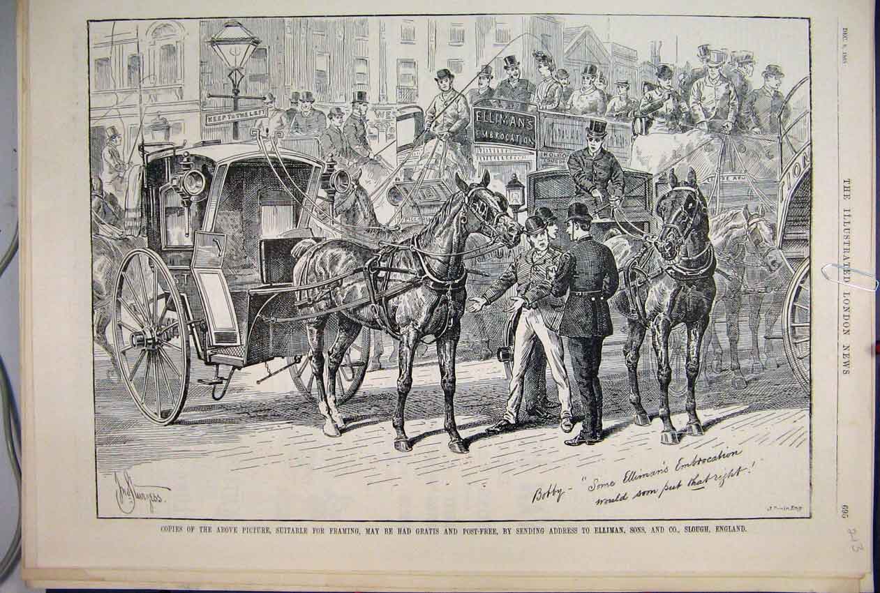 Original Old Antique Print 1888 Ellimans Embrocation Horse Carriage Men 19th