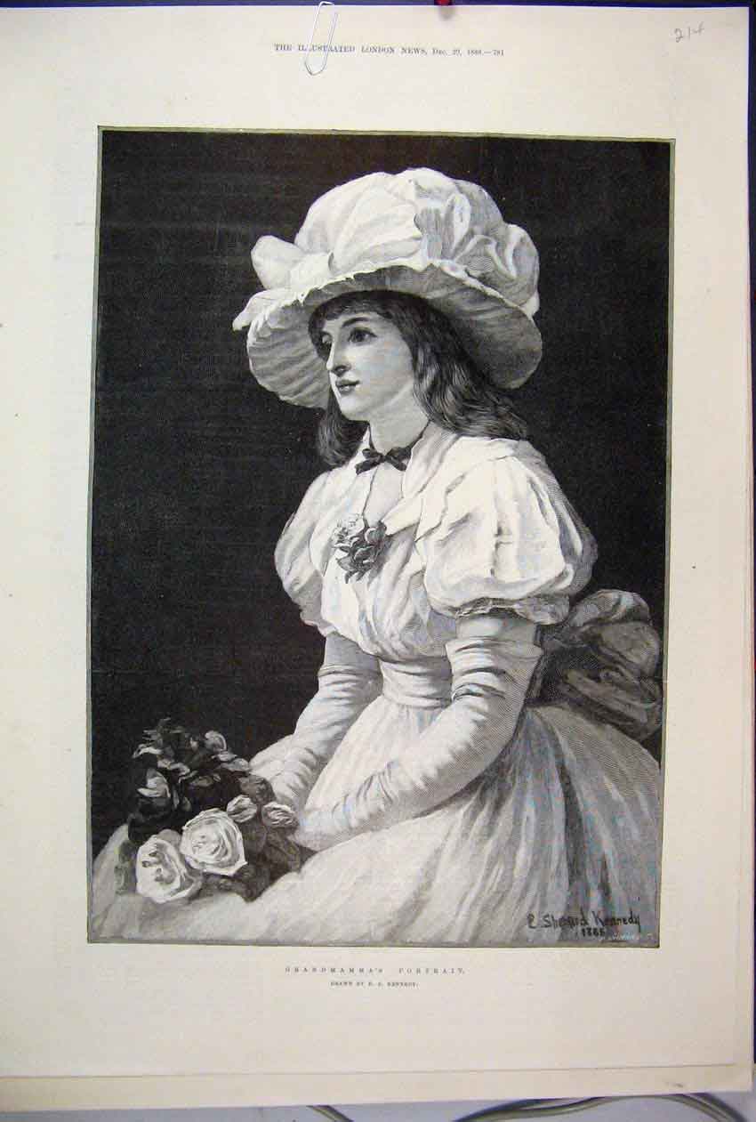 Original Old Antique Print 1888 Portrait Girl Grandmamma Beautiful Victorian